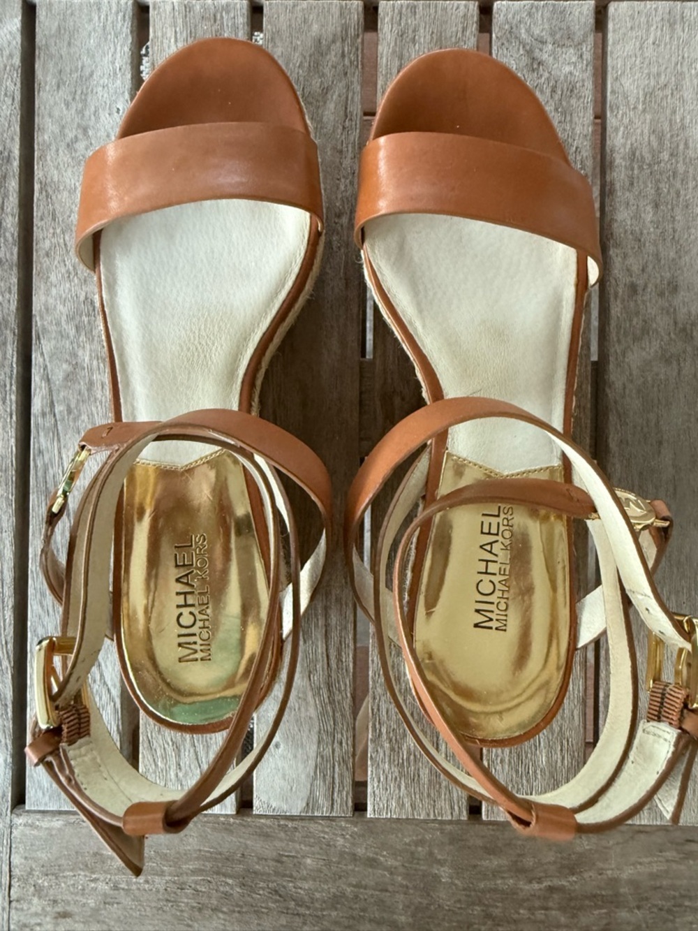 Michael Kors Espadrille Wedge Sandals Cognac Leather Ankle Strap Women’s 7.5 - Picture 4 of 6